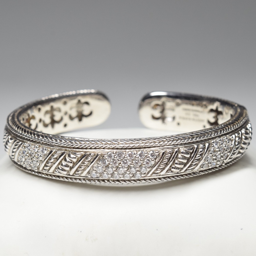 Vintage Judith Ripka Sterling Silver 925 Diamonique Accent Hinged Cuff Bracelet